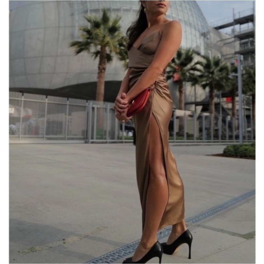 The Sei Strappy Gathered Silk Gown Champagne Satin Women's Size 4 Midi